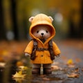 a teddy bear wearing an orange raincoat