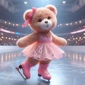 a teddy bear wearing a pink ballet outfit is on a skateboard
