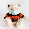 Teddy bear wearing sweater and protective medical mask. Pediatrics and disease prevention