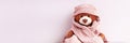 Teddy bear wearing winter clothes, website banner Royalty Free Stock Photo