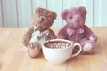 Teddy bear in wedding dress with a hot coffee mocha. Royalty Free Stock Photo