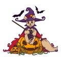 Teddy bear in a witch hat and mantle with a broom in his hands sits on a Halloween pumpkin with black cat and bats. Vector