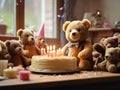 Teddy bears celebrating a birthday with cake and candles