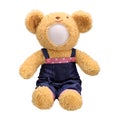 Teddy bears doll isolated on white background. Bear`s doll in blue jeans uniform. Blank face toy for design