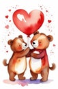 teddy bears holding red heart shaped balloon together, St Valentine\'s day watercolor greeting card Royalty Free Stock Photo