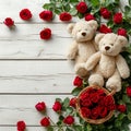 Teddy Bears with Red Roses on Wooden Background,space for text, valentine background, Generated AI Royalty Free Stock Photo