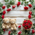 Teddy Bears with Red Roses on Wooden Background,space for text, valentine background, Generated AI Royalty Free Stock Photo