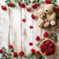 Teddy Bears with Red Roses on Wooden Background,space for text, valentine background, Generated AI Royalty Free Stock Photo