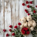 Teddy Bears with Red Roses on Wooden Background,space for text, valentine background, Generated AI Royalty Free Stock Photo