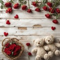 Teddy Bears with Red Roses on Wooden Background,space for text, valentine background, Generated AI Royalty Free Stock Photo