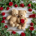 Teddy Bears with Red Roses on Wooden Background,space for text, valentine background, Generated AI Royalty Free Stock Photo