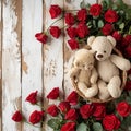 Teddy Bears with Red Roses on Wooden Background,space for text, valentine background, Generated AI Royalty Free Stock Photo