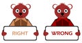 Teddy bears with right and wrong signs, character, colors, isolated.