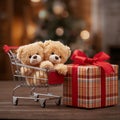 Teddy bears in shopping cart with gift box Royalty Free Stock Photo