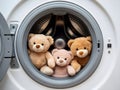Teddy bears sit inside modern washing machine Royalty Free Stock Photo