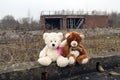 Teddy Bears Sitting In Abandoned Fire Station Yard