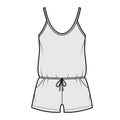 Teddy romper bodysuit technical fashion illustration with scoop neck, shirred shorts. Flat one-piece underwear apparel