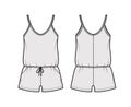 Teddy romper bodysuit technical fashion illustration with scoop neck, shirred shorts. Flat one-piece underwear apparel