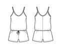 Teddy romper bodysuit technical fashion illustration with scoop neck, shirred shorts. Flat one-piece underwear apparel