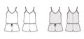 Teddy romper bodysuit technical fashion illustration with scoop neck, shirred shorts. Flat one-piece underwear apparel