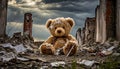 Teddy toy inbetween ruins .Dark cloudy sky.