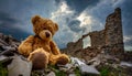 Teddy toy inbetween ruins .Dark cloudy sky.