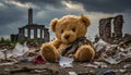 Teddy toy inbetween ruins .Dark cloudy sky.