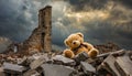 Teddy toy inbetween ruins . Dark cloudy sky.