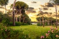 Tee box area at golf course at sunset with beautiful sky. Scenic panoramic view of golf fairway. Golf field with pines Royalty Free Stock Photo