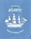 Tee print marine ship or sea transport, t-shirt graphics, design with Animal. Vector grunge background. vintage