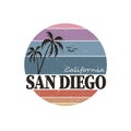 California San Diego tee print with styled palm tree. T-shirt design, graphics, stamp, label, typography.