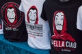 Tee shirts at the market of the serie tv `La casa de papel paper house on Netflix