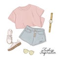 Tee, shorts, sneakers, sunglasses and watches sketch. Fashion women illustration. Modern trendy art. Hannd drawn summer