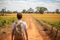 Teeenager school boy walking down a dirt road Royalty Free Stock Photo