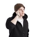 Teen aged boy talking into phone Royalty Free Stock Photo