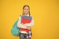 Teen with backpack and books. Motivated and diligent. Stylish schoolgirl. Girl little fashionable schoolgirl carry