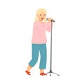 Teen Blond Girl Standing and Singing with Microphone Performing on Stage Vector Illustration