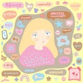 Teen blond haired girl and her hobbies. Phrases and expressions. Social media and signs. Set for your design.