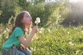 Teen blowing seeds from a dandelion flower in a spring park Royalty Free Stock Photo