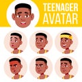 Teen Boy Avatar Set Vector. Black. Afro American. Face Emotions. High, Child Pupil. Small, Junior. Cartoon Head Royalty Free Stock Photo