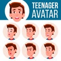 Teen Boy Avatar Set Vector. Face Emotions. Facial, People. Active, Joy. Cartoon Head Illustration