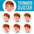 Teen Boy Avatar Set Vector. Face Emotions. User, Character. Fun, Cheerful. Cartoon Head Illustration