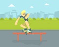 Teen Boy in Baseball Cap Riding Skateboard, Skateboarder Doing Jumping Trick Vector Illustration Royalty Free Stock Photo