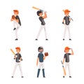 Teen Boy Baseball Player Playing Bat-and-ball Game Vector Set Royalty Free Stock Photo