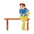 Teen Boy on Bench with Bended Legs with Curious Face Vector Illustration