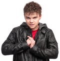 Teen boy in black leather jacket Royalty Free Stock Photo