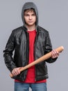 Teen boy in black leather jacket Royalty Free Stock Photo