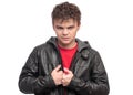 Teen boy in black leather jacket Royalty Free Stock Photo