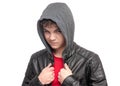 Teen boy in black leather jacket Royalty Free Stock Photo