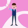 Teen boy character angry phone call male business suit template for design work and animation on pink background full Royalty Free Stock Photo